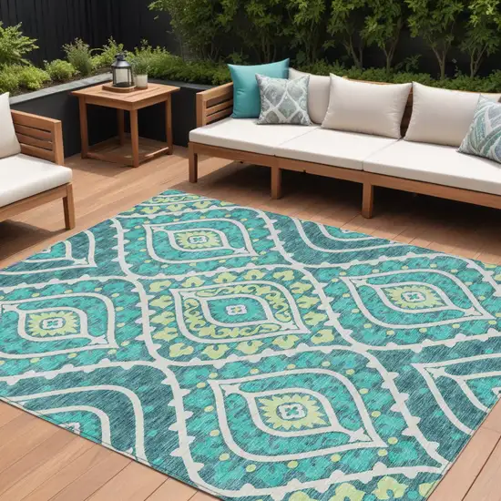 Teal Blue Ivory And Artichoke Green Floral Washable Indoor Outdoor Area Rug Photo 1