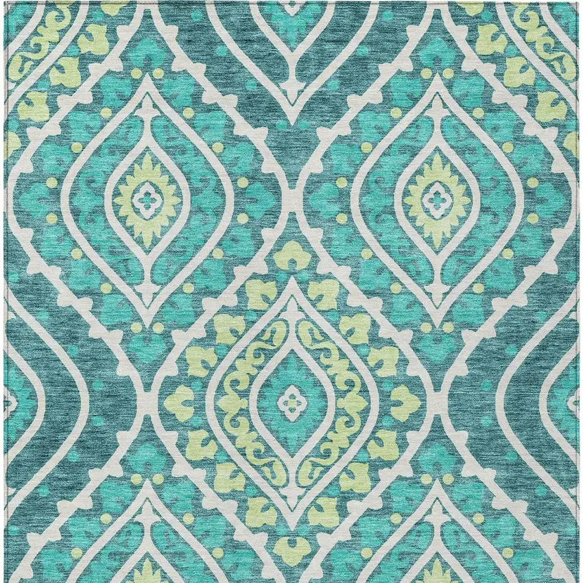 Teal Blue Ivory And Artichoke Green Floral Washable Indoor Outdoor Area Rug Photo 6