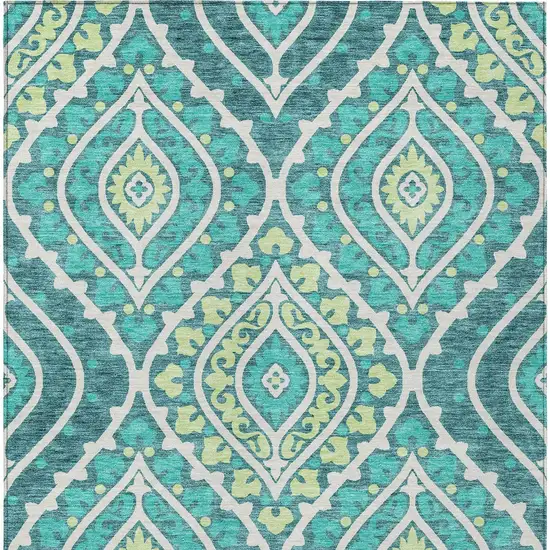 Teal Blue Ivory And Artichoke Green Floral Washable Indoor Outdoor Area Rug Photo 6