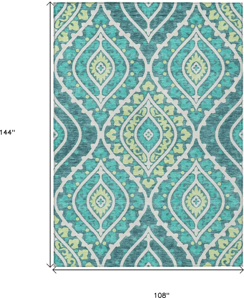 Teal Blue Ivory And Artichoke Green Floral Washable Indoor Outdoor Area Rug Photo 3