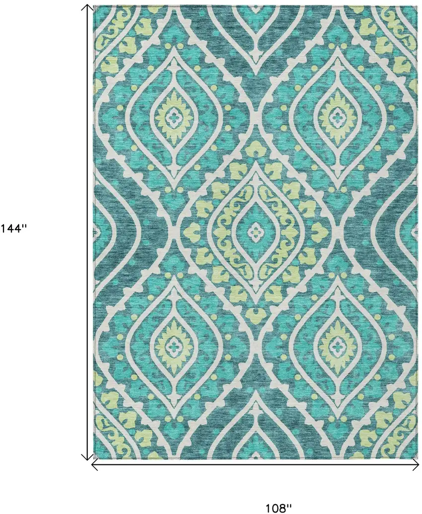 Teal Blue Ivory And Artichoke Green Floral Washable Indoor Outdoor Area Rug Photo 3