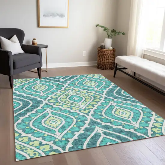 Teal Blue Ivory And Artichoke Green Floral Washable Indoor Outdoor Area Rug Photo 9