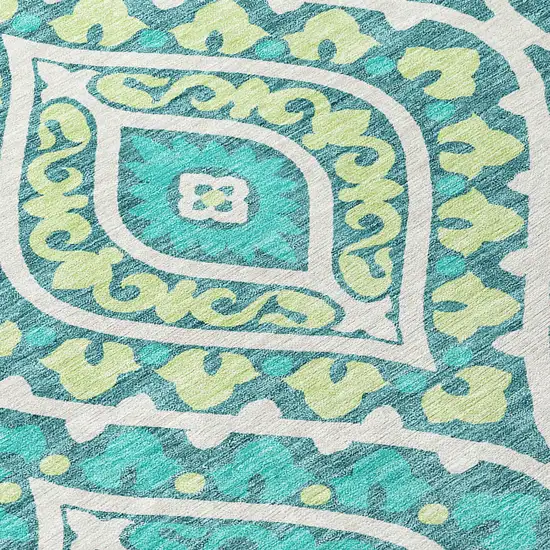 Teal Blue Ivory And Artichoke Green Floral Washable Indoor Outdoor Area Rug Photo 4
