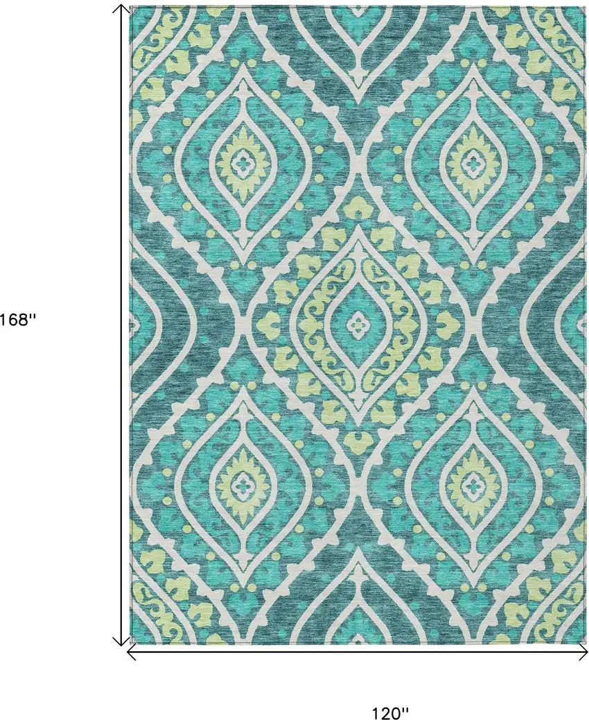 Teal Blue Ivory And Artichoke Green Floral Washable Indoor Outdoor Area Rug Photo 3
