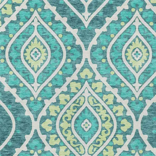 Teal Blue Ivory And Artichoke Green Floral Washable Indoor Outdoor Area Rug Photo 5