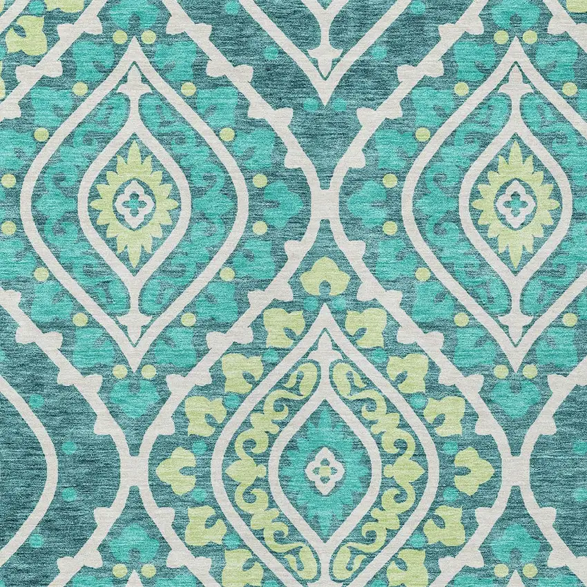 Teal Blue Ivory And Artichoke Green Floral Washable Indoor Outdoor Area Rug Photo 5