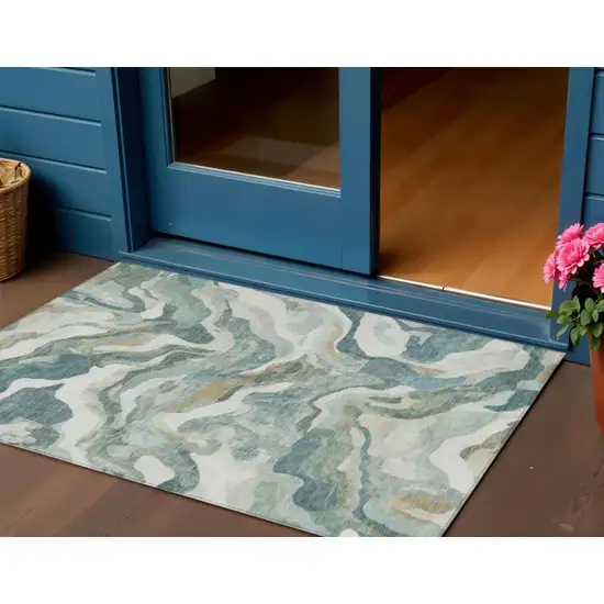 Teal Blue Ivory And Beige Abstract Washable Indoor Outdoor Area Rug Photo 2