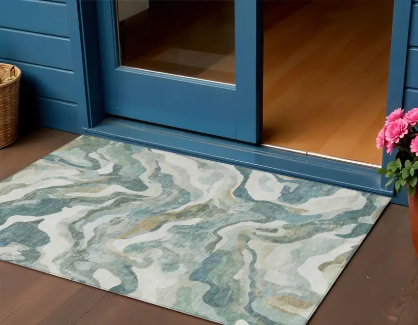 Teal Blue Ivory And Beige Abstract Washable Indoor Outdoor Area Rug Photo 2