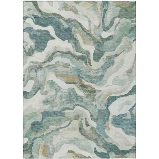 Teal Blue Ivory And Beige Abstract Washable Indoor Outdoor Area Rug Photo 1