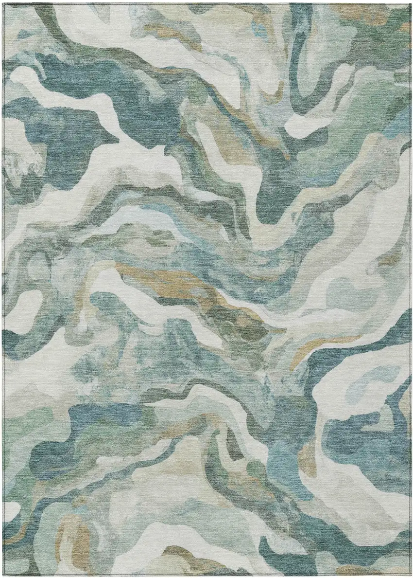 Teal Blue Ivory And Beige Abstract Washable Indoor Outdoor Area Rug Photo 1