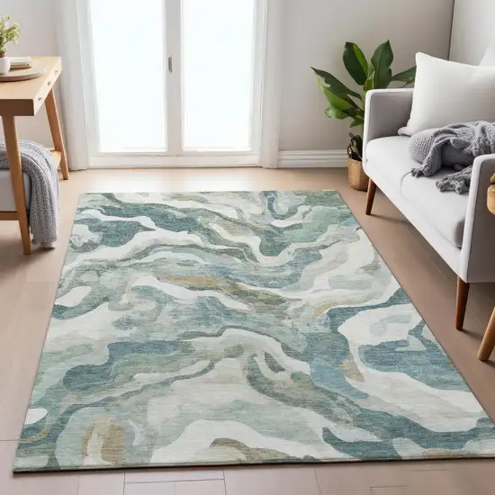 Teal Blue Ivory And Beige Abstract Washable Indoor Outdoor Area Rug Photo 7