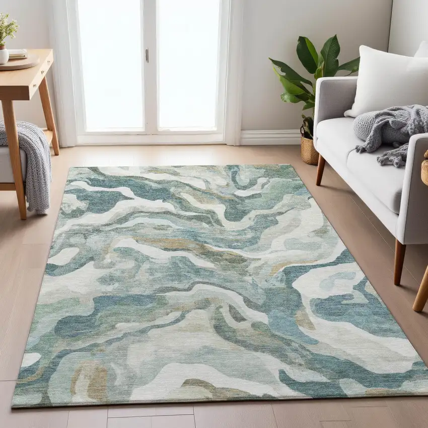 Teal Blue Ivory And Beige Abstract Washable Indoor Outdoor Area Rug Photo 7