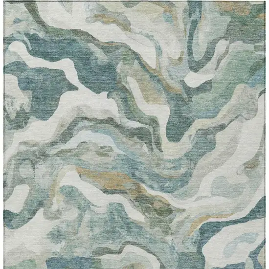 Teal Blue Ivory And Beige Abstract Washable Indoor Outdoor Area Rug Photo 5