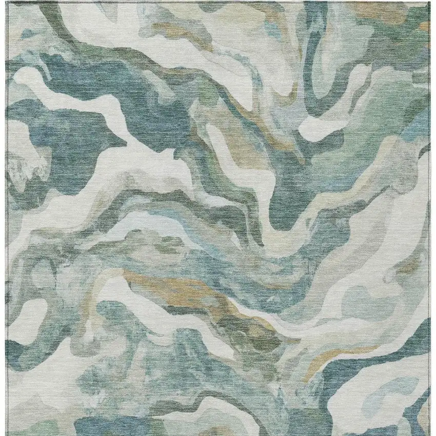 Teal Blue Ivory And Beige Abstract Washable Indoor Outdoor Area Rug Photo 5