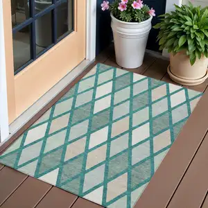 Photo of Teal Blue Ivory And Beige Geometric Washable Indoor Outdoor Area Rug