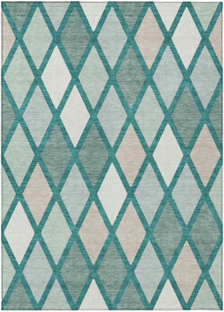 Teal Blue Ivory And Beige Geometric Washable Indoor Outdoor Area Rug Photo 2