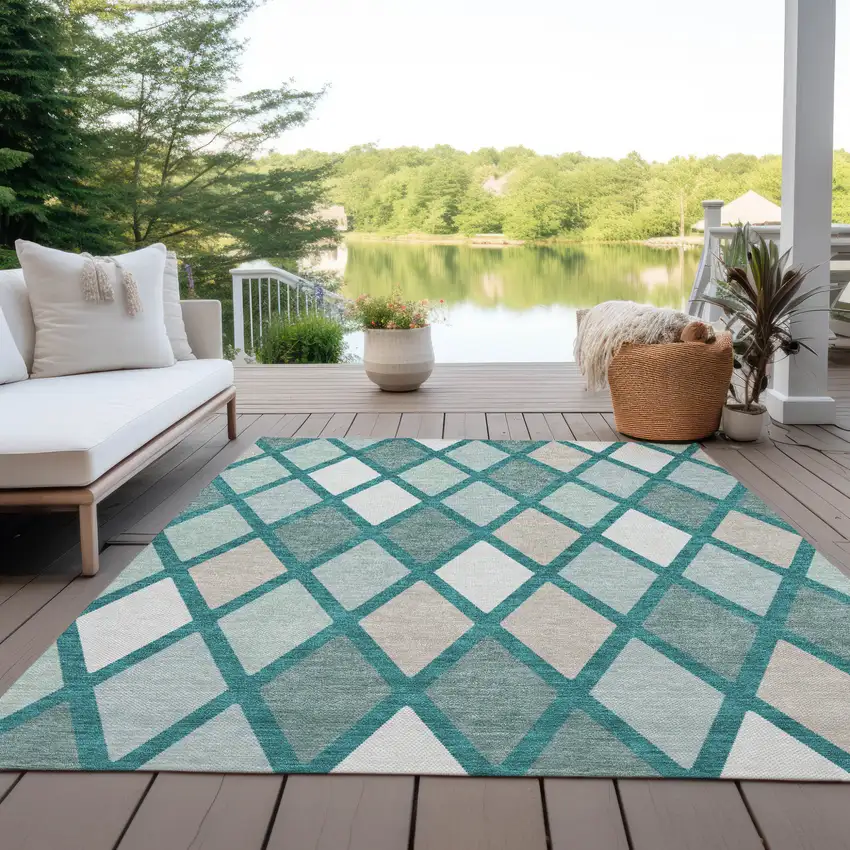 Teal Blue Ivory And Beige Geometric Washable Indoor Outdoor Area Rug Photo 8