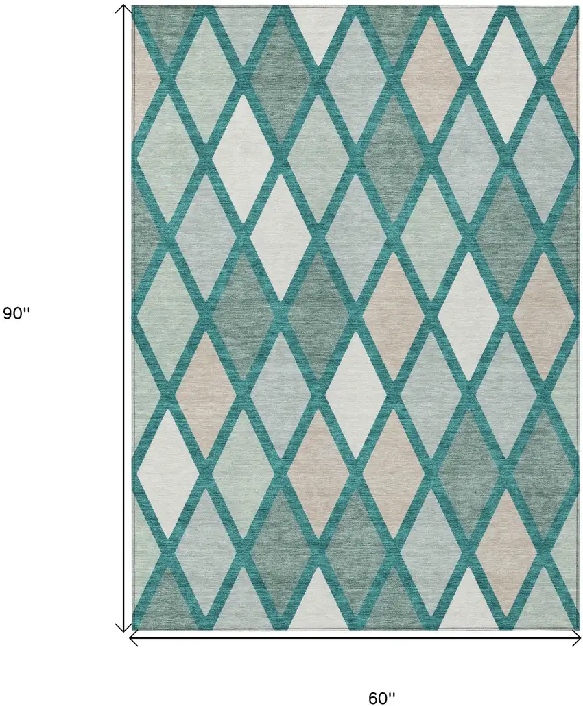 Teal Blue Ivory And Beige Geometric Washable Indoor Outdoor Area Rug Photo 3