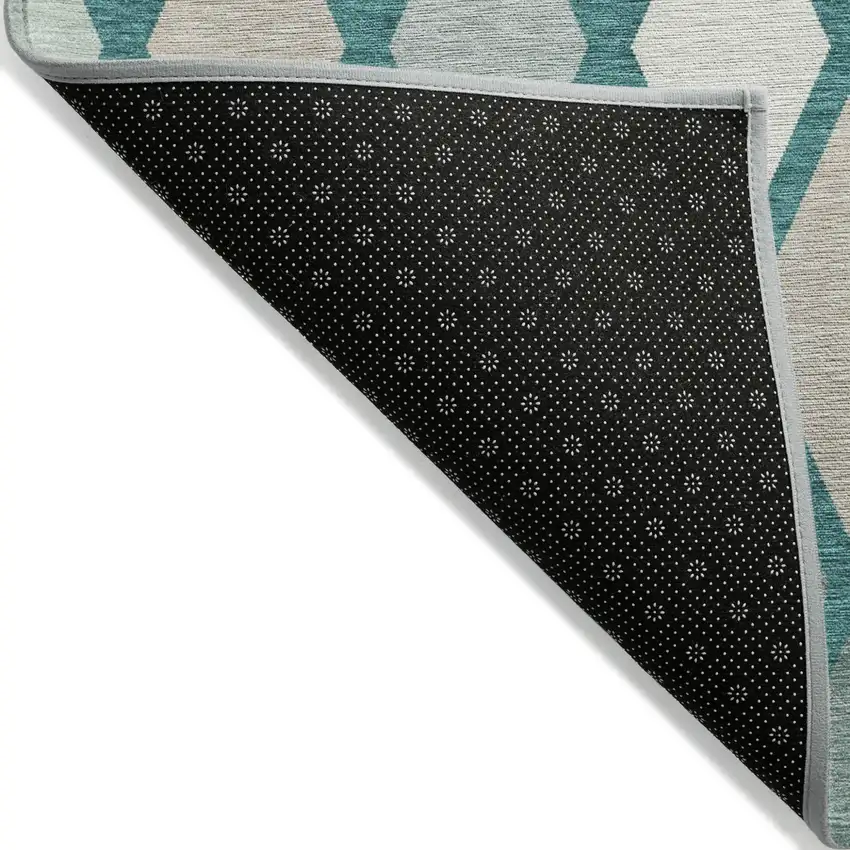 Teal Blue Ivory And Beige Geometric Washable Indoor Outdoor Area Rug Photo 4