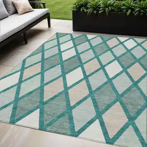 Photo of Teal Blue Ivory And Beige Geometric Washable Indoor Outdoor Area Rug