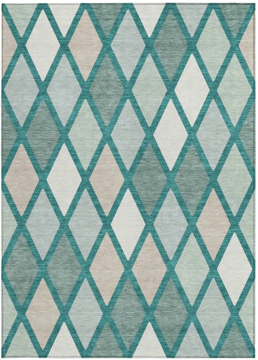 Teal Blue Ivory And Beige Geometric Washable Indoor Outdoor Area Rug Photo 7