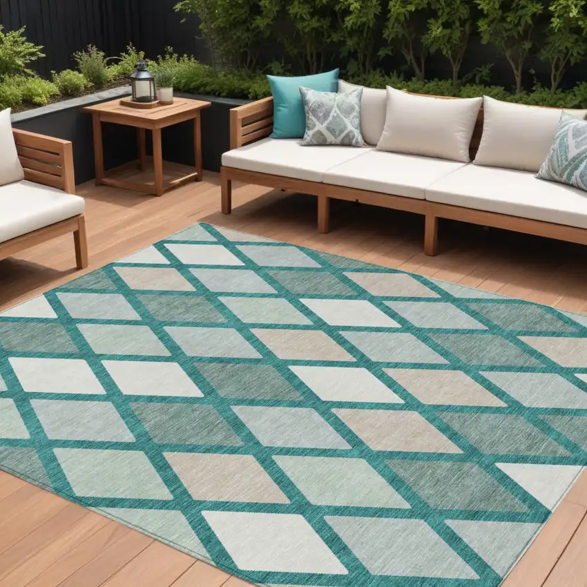Teal Blue Ivory And Beige Geometric Washable Indoor Outdoor Area Rug Photo 1