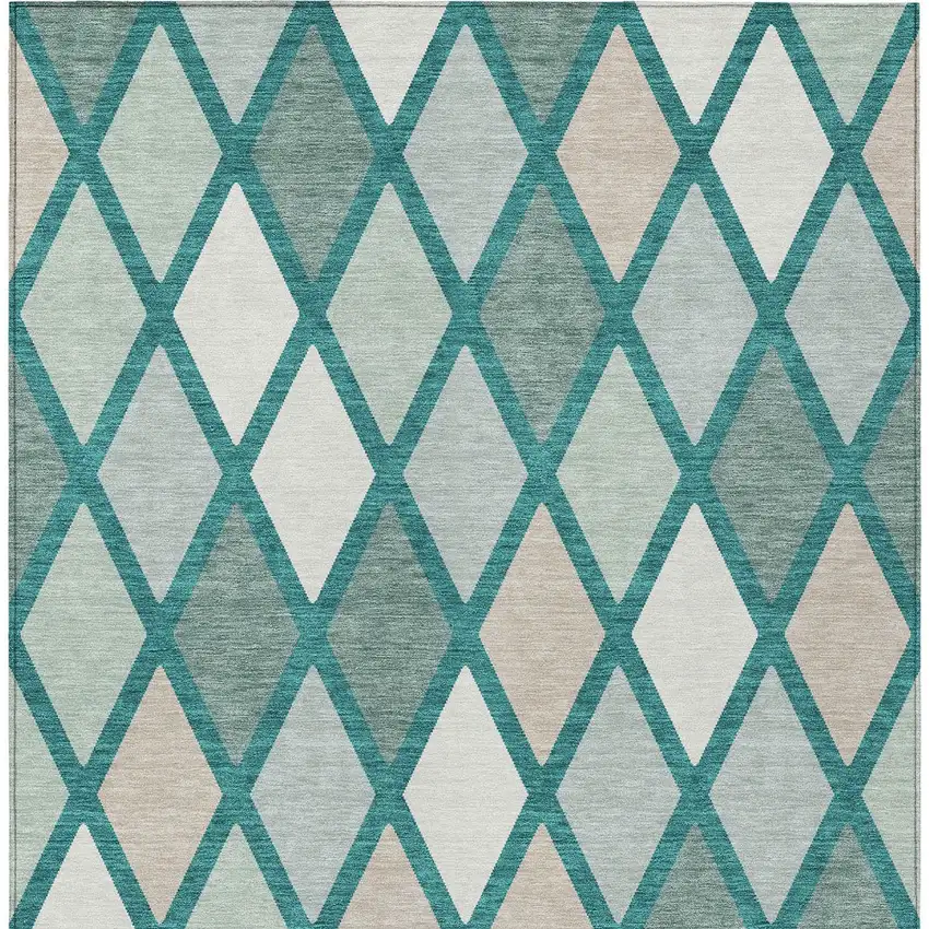 Teal Blue Ivory And Beige Geometric Washable Indoor Outdoor Area Rug Photo 6