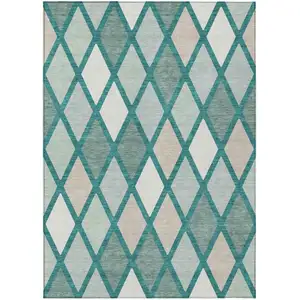 Photo of Teal Blue Ivory And Beige Geometric Washable Indoor Outdoor Area Rug
