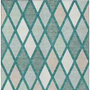 Photo of Teal Blue Ivory And Beige Geometric Washable Indoor Outdoor Area Rug