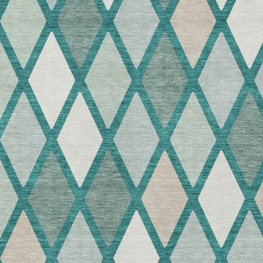 Teal Blue Ivory And Beige Geometric Washable Indoor Outdoor Area Rug Photo 6