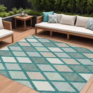 Photo of Teal Blue Ivory And Beige Geometric Washable Indoor Outdoor Area Rug