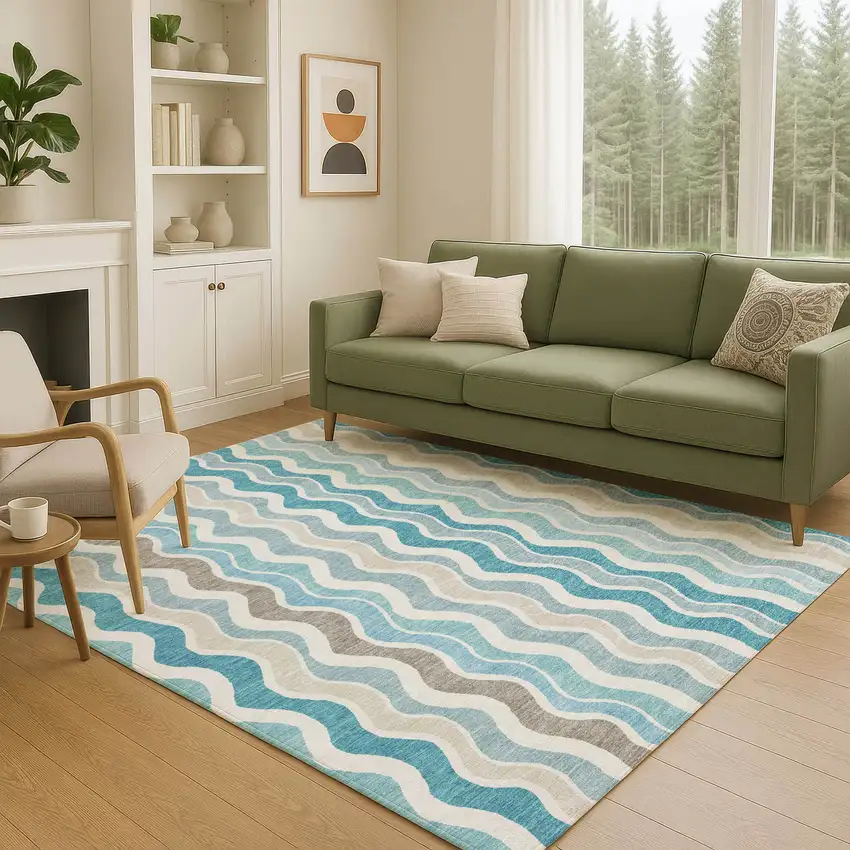 Teal Blue Ivory And Beige Striped Washable Indoor Outdoor Area Rug Photo 9
