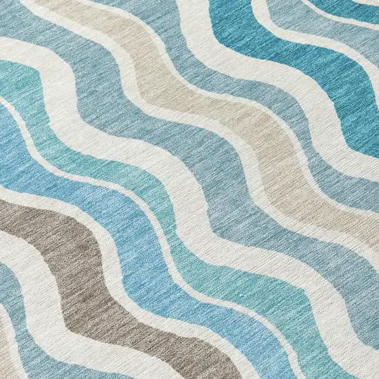 Teal Blue Ivory And Beige Striped Washable Indoor Outdoor Area Rug Photo 8