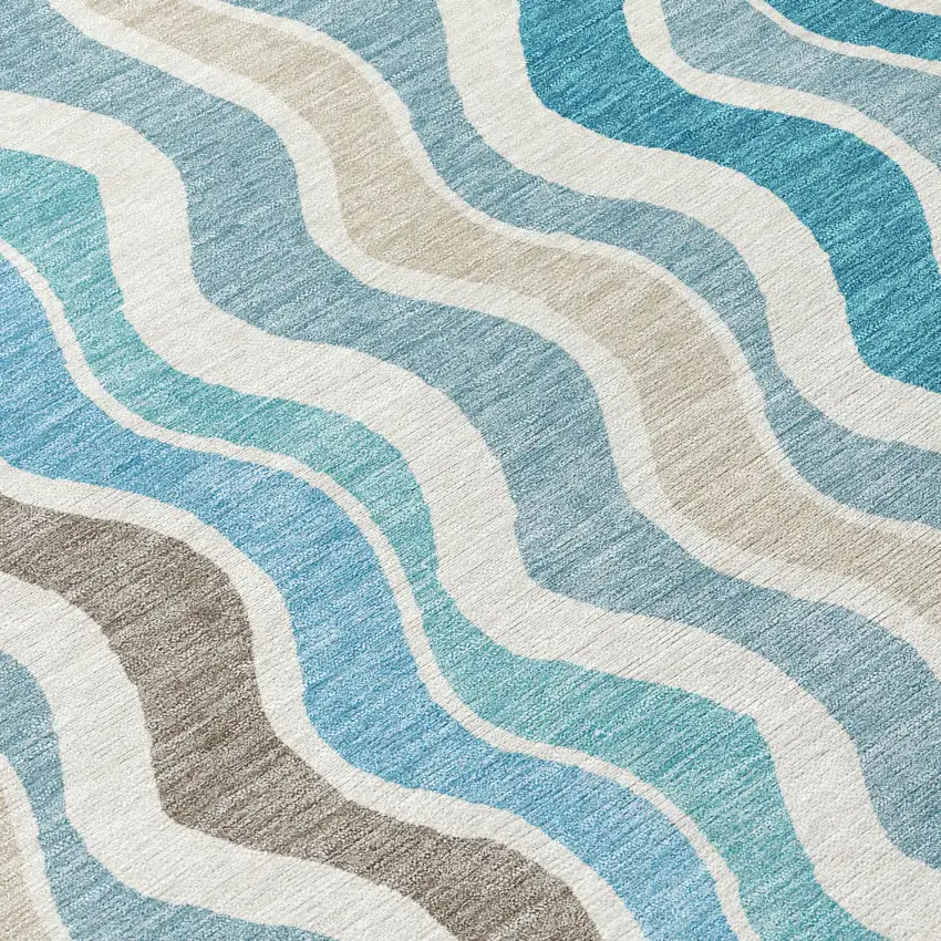 Teal Blue Ivory And Beige Striped Washable Indoor Outdoor Area Rug Photo 8