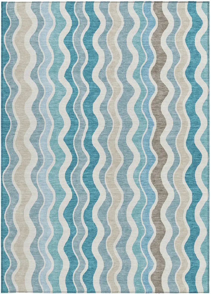 Teal Blue Ivory And Beige Striped Washable Indoor Outdoor Area Rug Photo 4