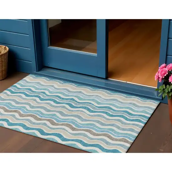 Teal Blue Ivory And Beige Striped Washable Indoor Outdoor Area Rug Photo 1