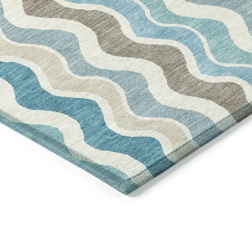 Teal Blue Ivory And Beige Striped Washable Indoor Outdoor Area Rug Photo 6