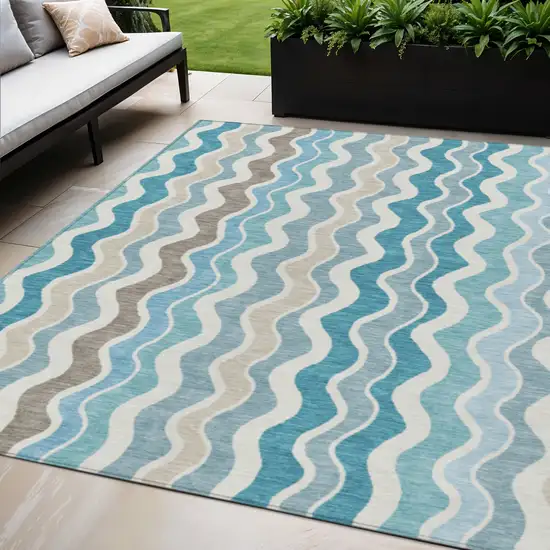 Teal Blue Ivory And Beige Striped Washable Indoor Outdoor Area Rug Photo 1