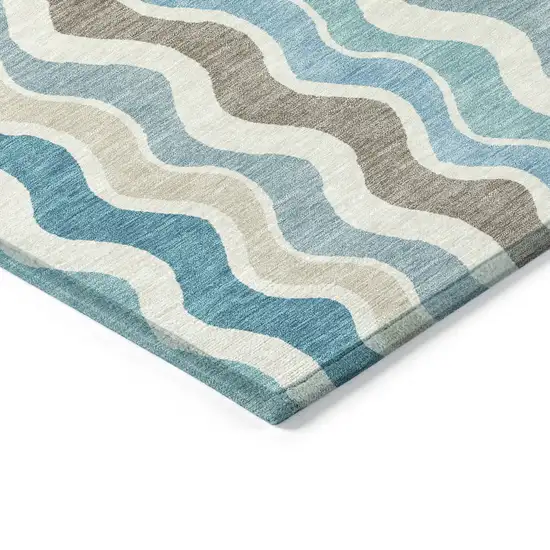 Teal Blue Ivory And Beige Striped Washable Indoor Outdoor Area Rug Photo 6