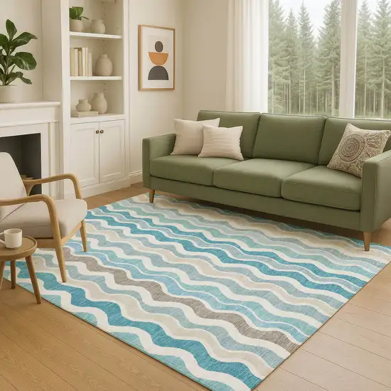 Teal Blue Ivory And Beige Striped Washable Indoor Outdoor Area Rug Photo 8