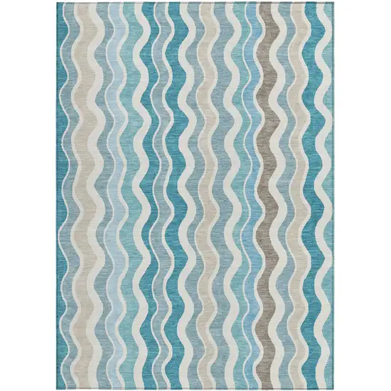 Teal Blue Ivory And Beige Striped Washable Indoor Outdoor Area Rug Photo 4