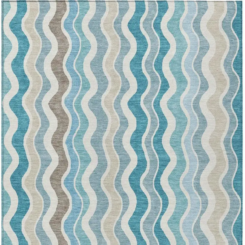 Teal Blue Ivory And Beige Striped Washable Indoor Outdoor Area Rug Photo 6