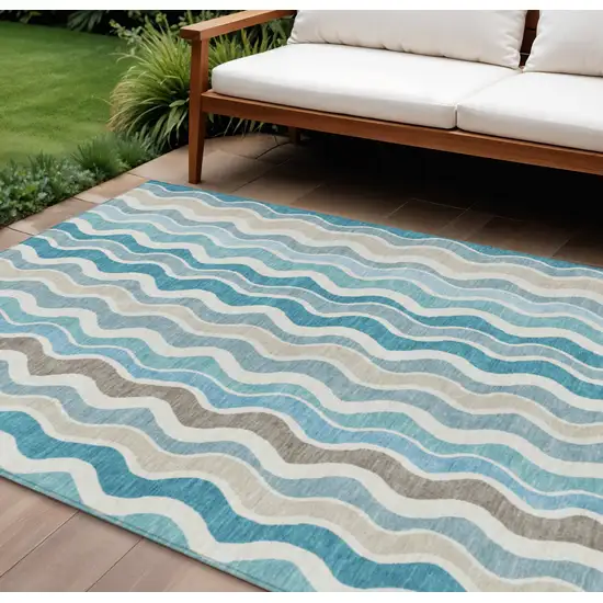 Teal Blue Ivory And Beige Striped Washable Indoor Outdoor Area Rug Photo 1