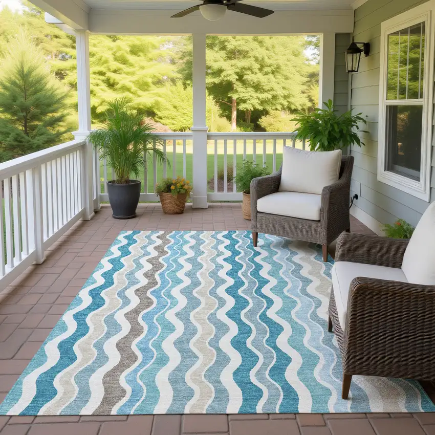 Teal Blue Ivory And Beige Striped Washable Indoor Outdoor Area Rug Photo 9