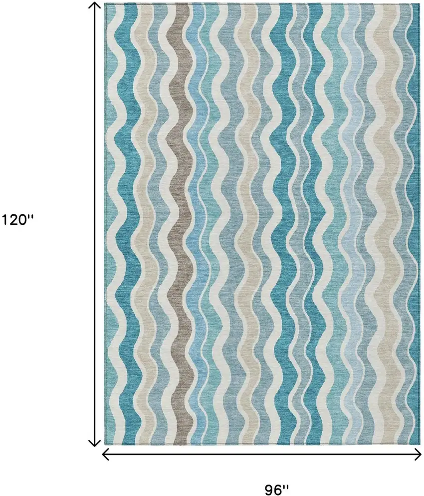 Teal Blue Ivory And Beige Striped Washable Indoor Outdoor Area Rug Photo 3