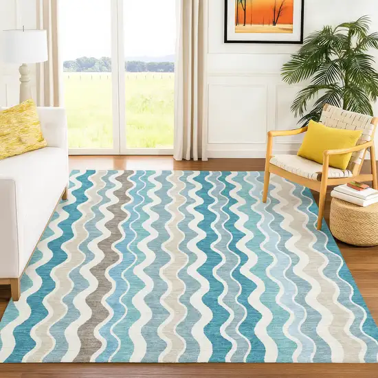 Teal Blue Ivory And Beige Striped Washable Indoor Outdoor Area Rug Photo 9