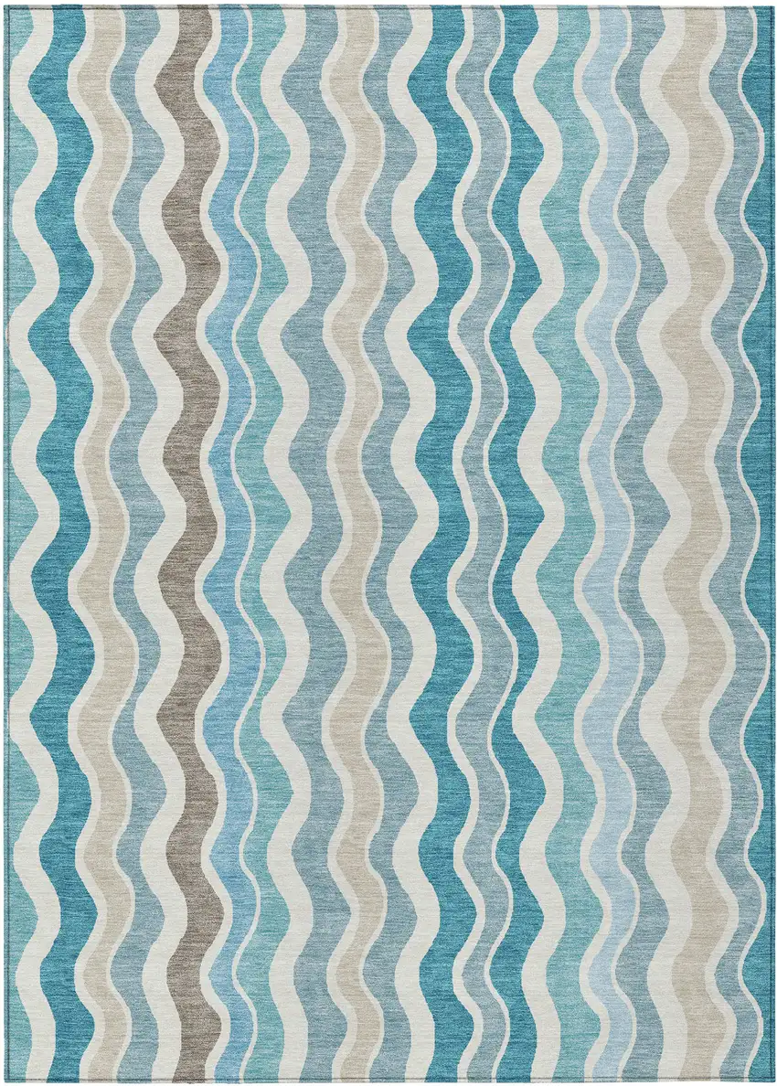 Teal Blue Ivory And Beige Striped Washable Indoor Outdoor Area Rug Photo 2