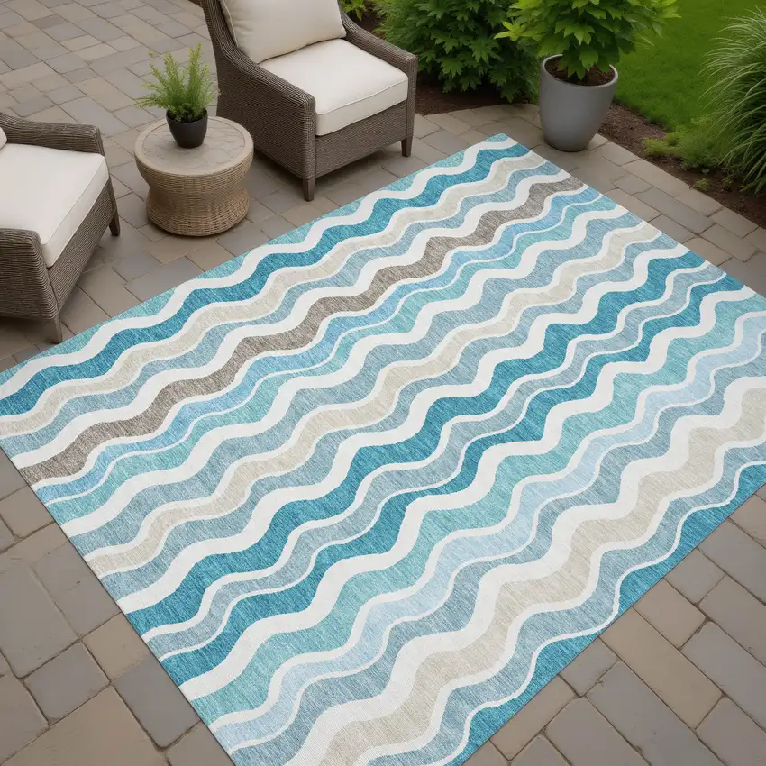 Teal Blue Ivory And Beige Striped Washable Indoor Outdoor Area Rug Photo 7