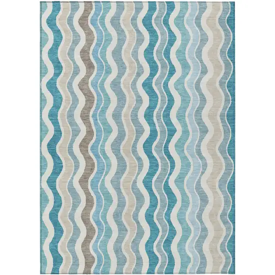 Teal Blue Ivory And Beige Striped Washable Indoor Outdoor Area Rug Photo 2