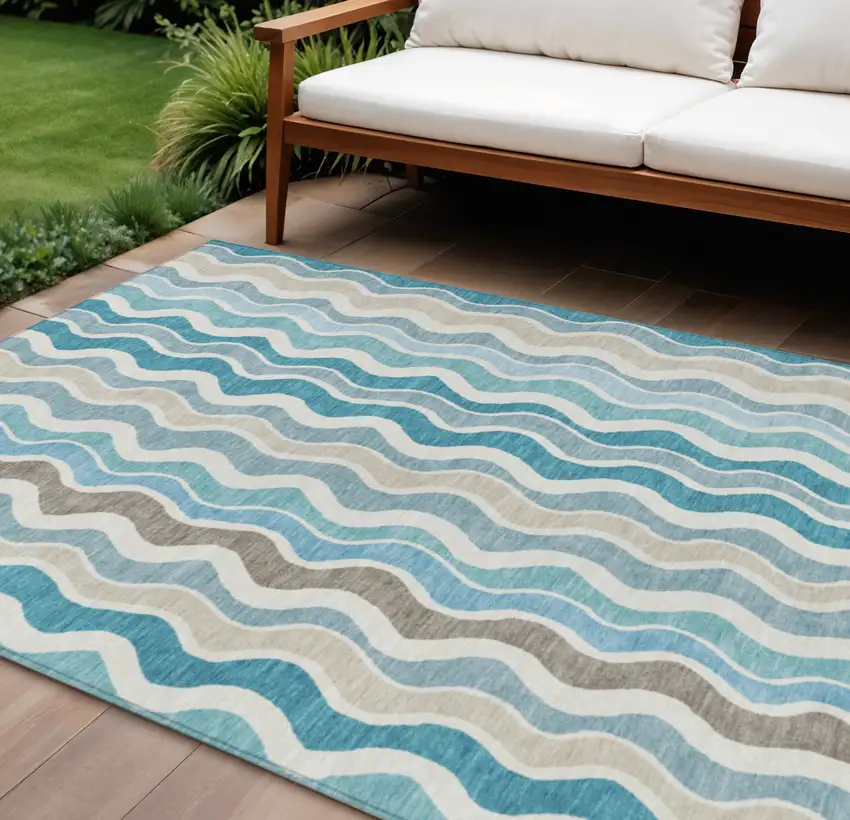 Teal Blue Ivory And Beige Striped Washable Indoor Outdoor Area Rug Photo 1